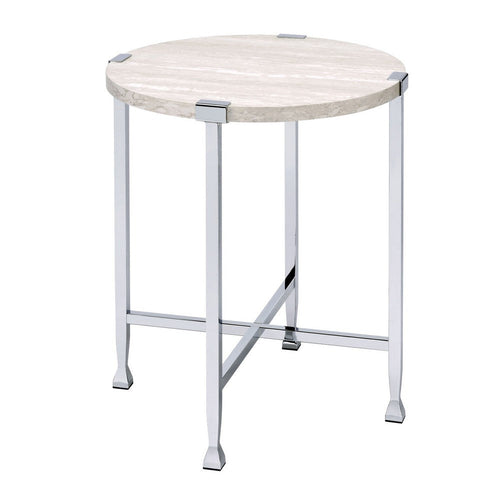 End Table with X Shaped Metal Base and Round Wooden Top,Silver and Beige