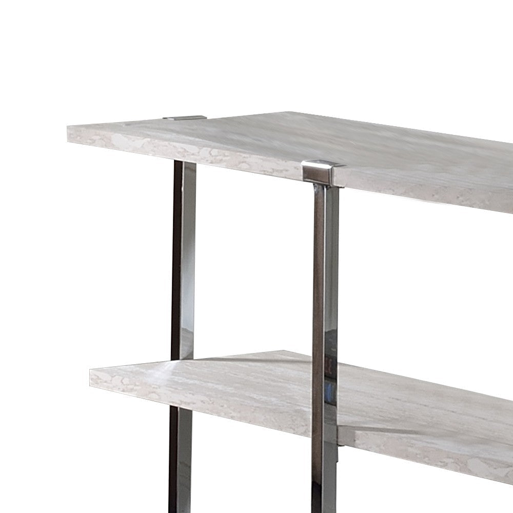 Sofa Table with X Shaped Metal Base and 2 Storage Shelves Silver and Beige BM209594