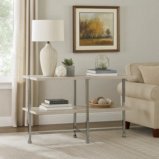 Sofa Table with X Shaped Metal Base and 2 Storage Shelves, Silver and Beige