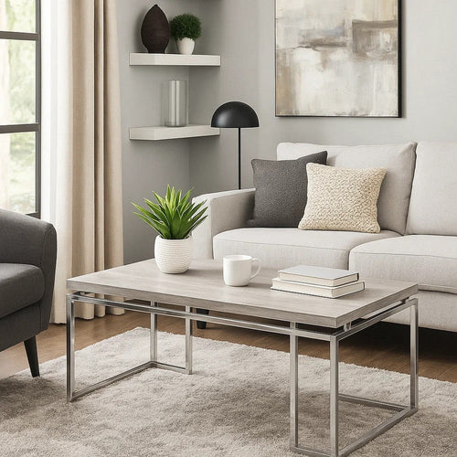 Coffee Table with Rectangular Tabletop and Metal Legs, Silver and Brown