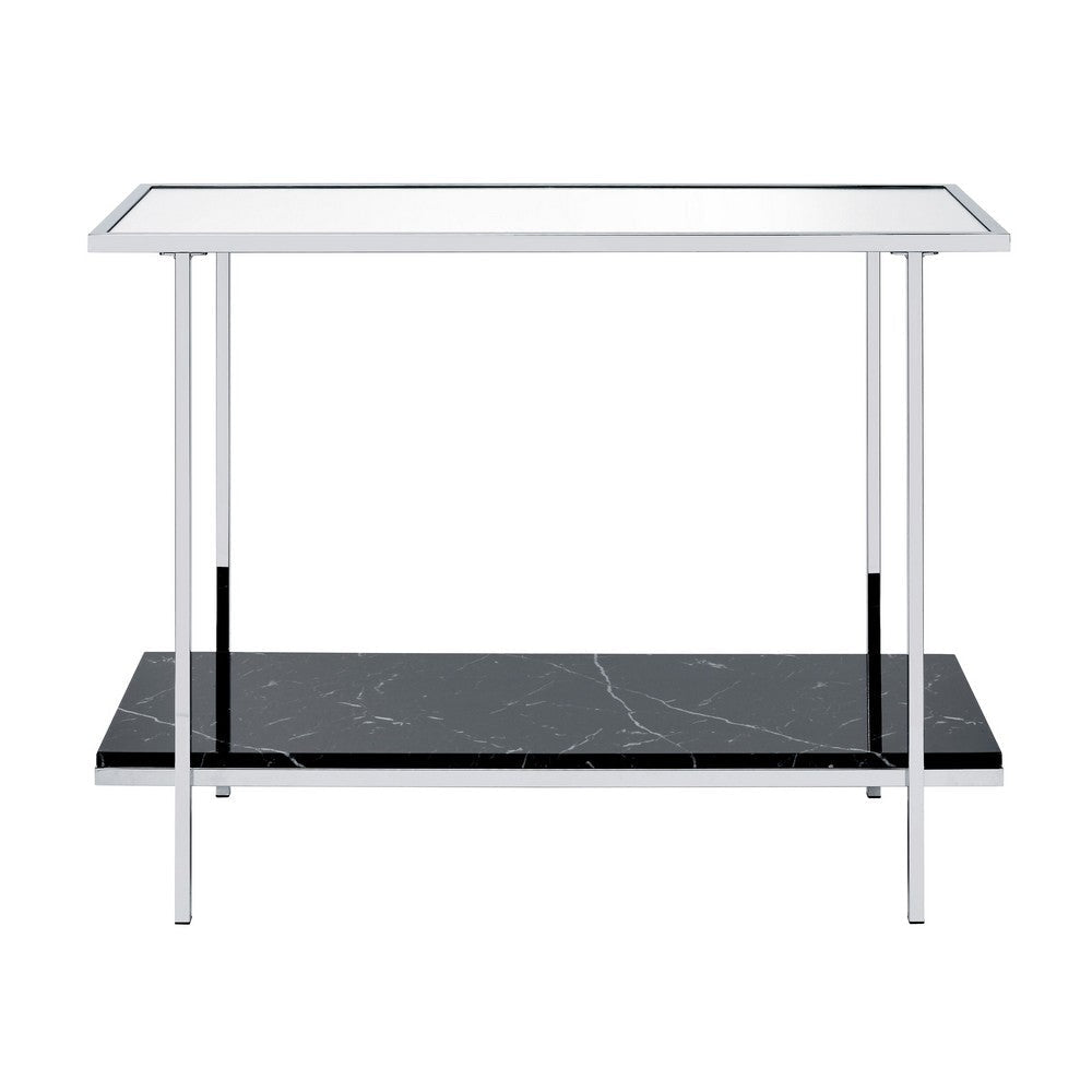 Console Table with Mirror Top and Faux Marble Open Bottom Shelf Silver BM209601
