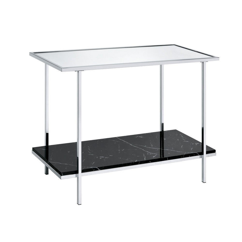 Console Table with Mirror Top and Faux Marble Open Bottom Shelf, Silver