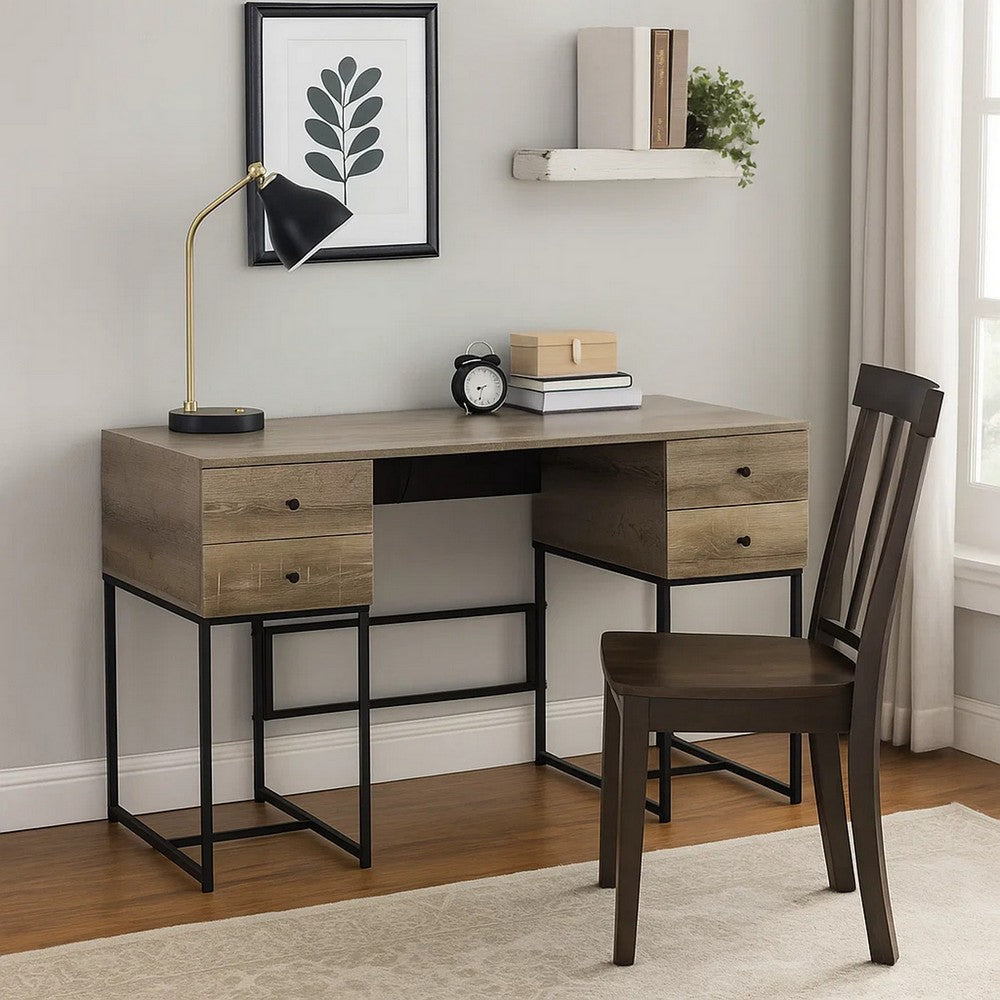 47" 4-Drawer Wooden Desk with Metal Fame, Brown and Black By Casagear Home