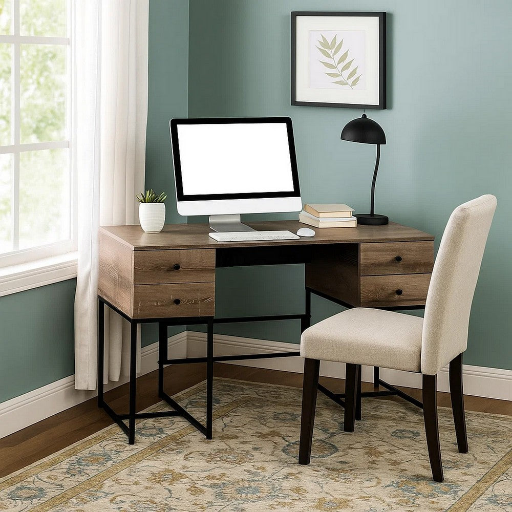47" 4-Drawer Wooden Desk with Metal Fame, Brown and Black By Casagear Home
