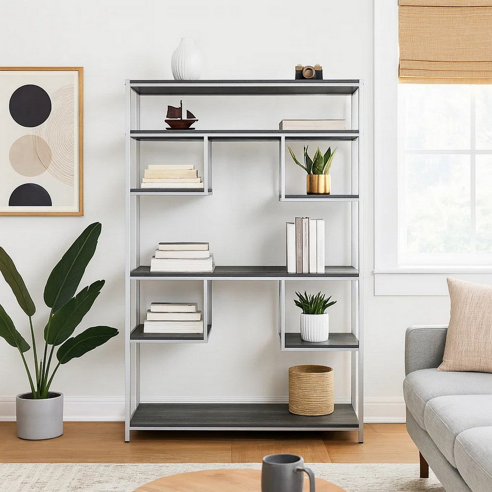 72" 7-Shelf Geometric Pattern Bookshelf, Silver and Gray By Casagear Home