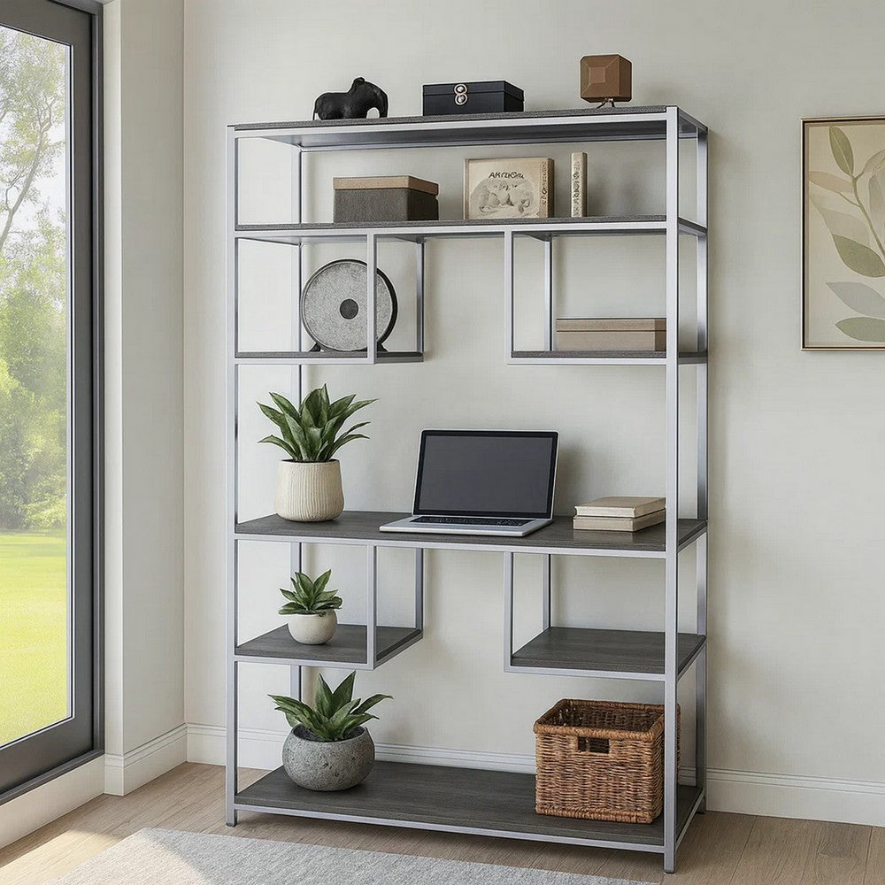 72" 7-Shelf Geometric Pattern Bookshelf, Silver and Gray By Casagear Home
