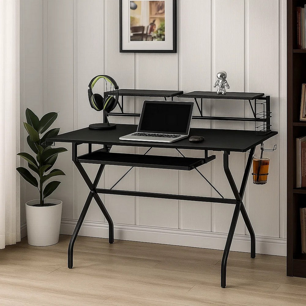 Tubular Metal Frame Computer Desk with 2 Shelves and Cup Holder, Black