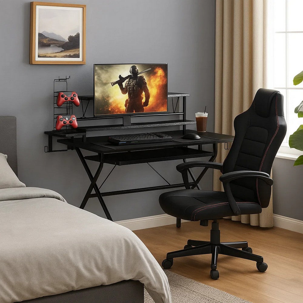 Tubular Metal Frame Computer Desk with 2 Shelves and Cup Holder, Black