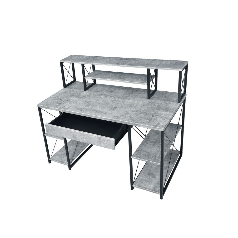 Metal Desk with 4 Open Bottom Shelves and Bookcase Hutch, Gray and Black By Casagear Home