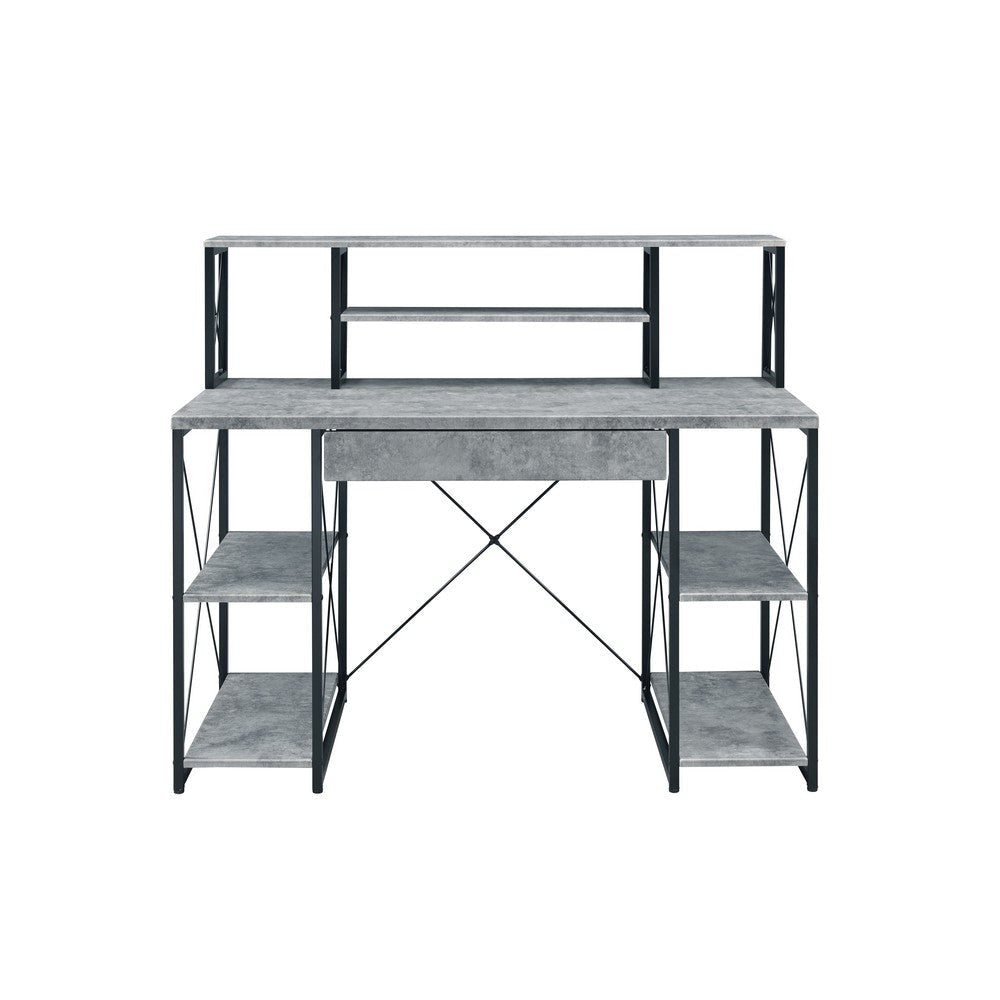 Metal Desk with 4 Open Bottom Shelves and Bookcase Hutch, Gray and Black By Casagear Home