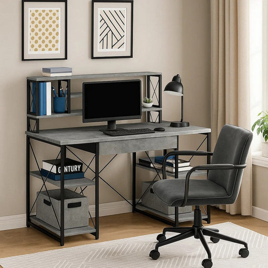 Desk | Metal | 4 Shelves & Bookcase Hutch | Gray & Black