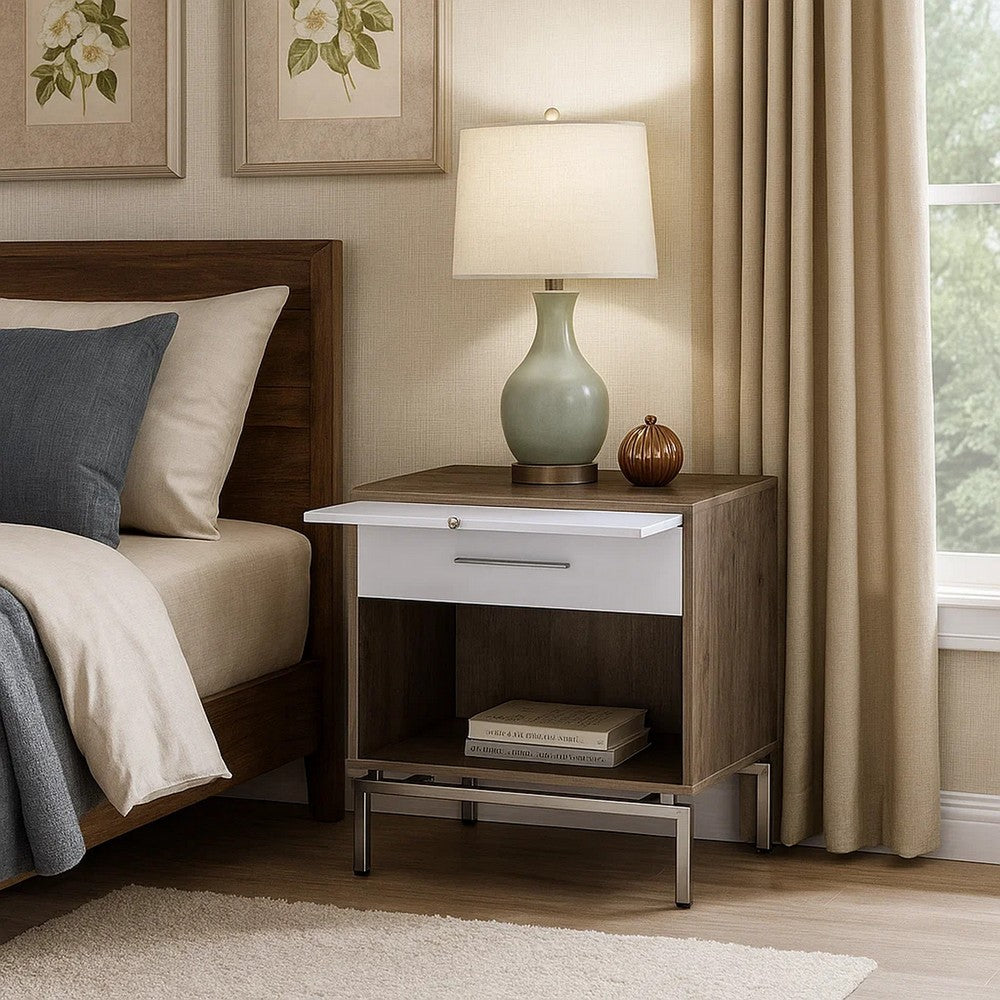 Accent Table | Wood | Open Storage | Pull Out Tray | Brown & White