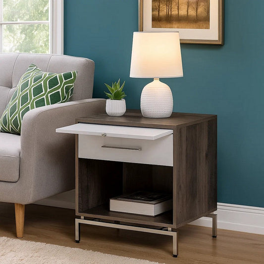 Accent Table | Wood | Open Storage | Pull Out Tray | Brown & White