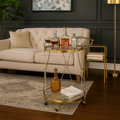 Serving Cart with 2 Glass Shelves and Caster Support, Gold and Clear