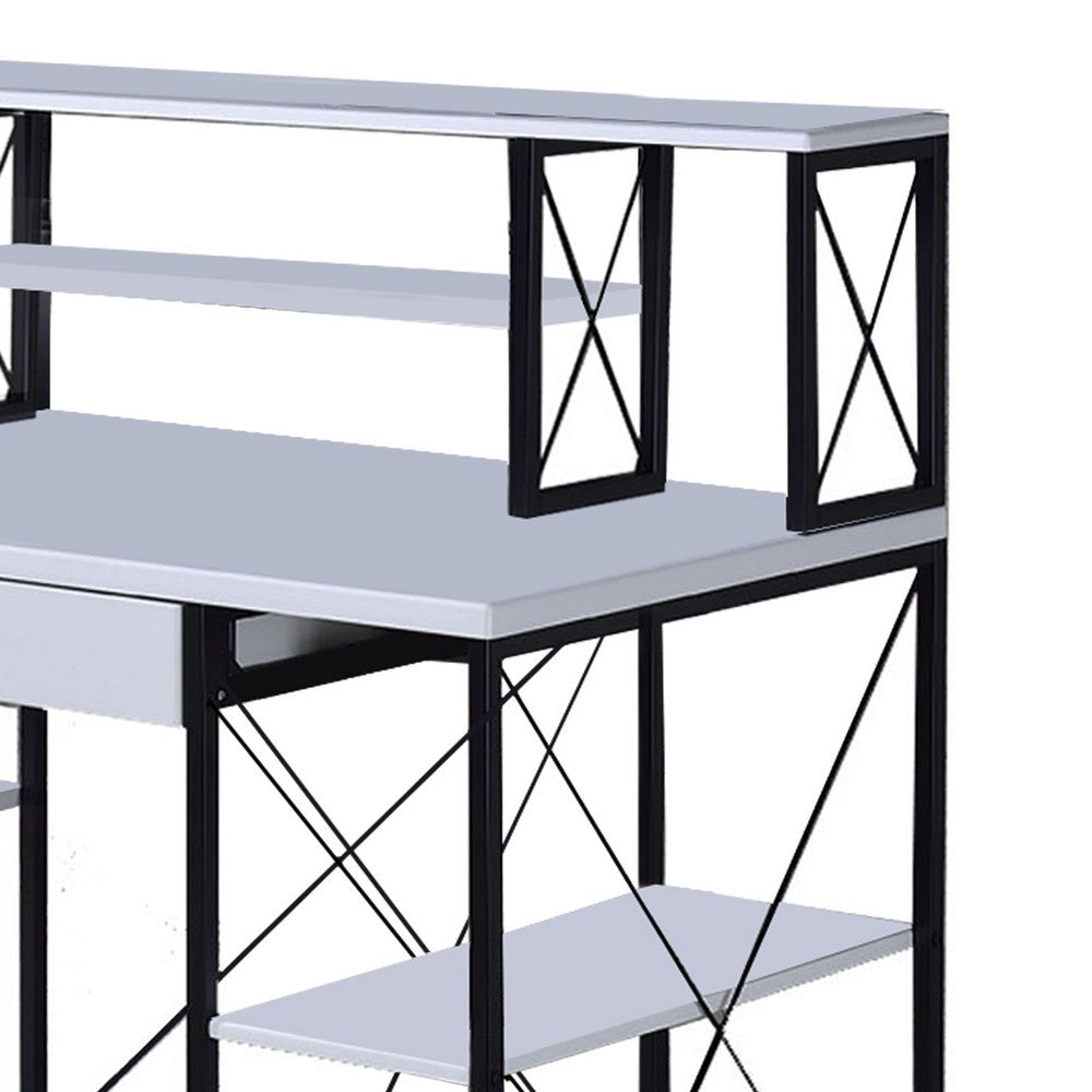 Industrial Style Desk with 4 Open Selves and Bookcase Hutch White BM209614