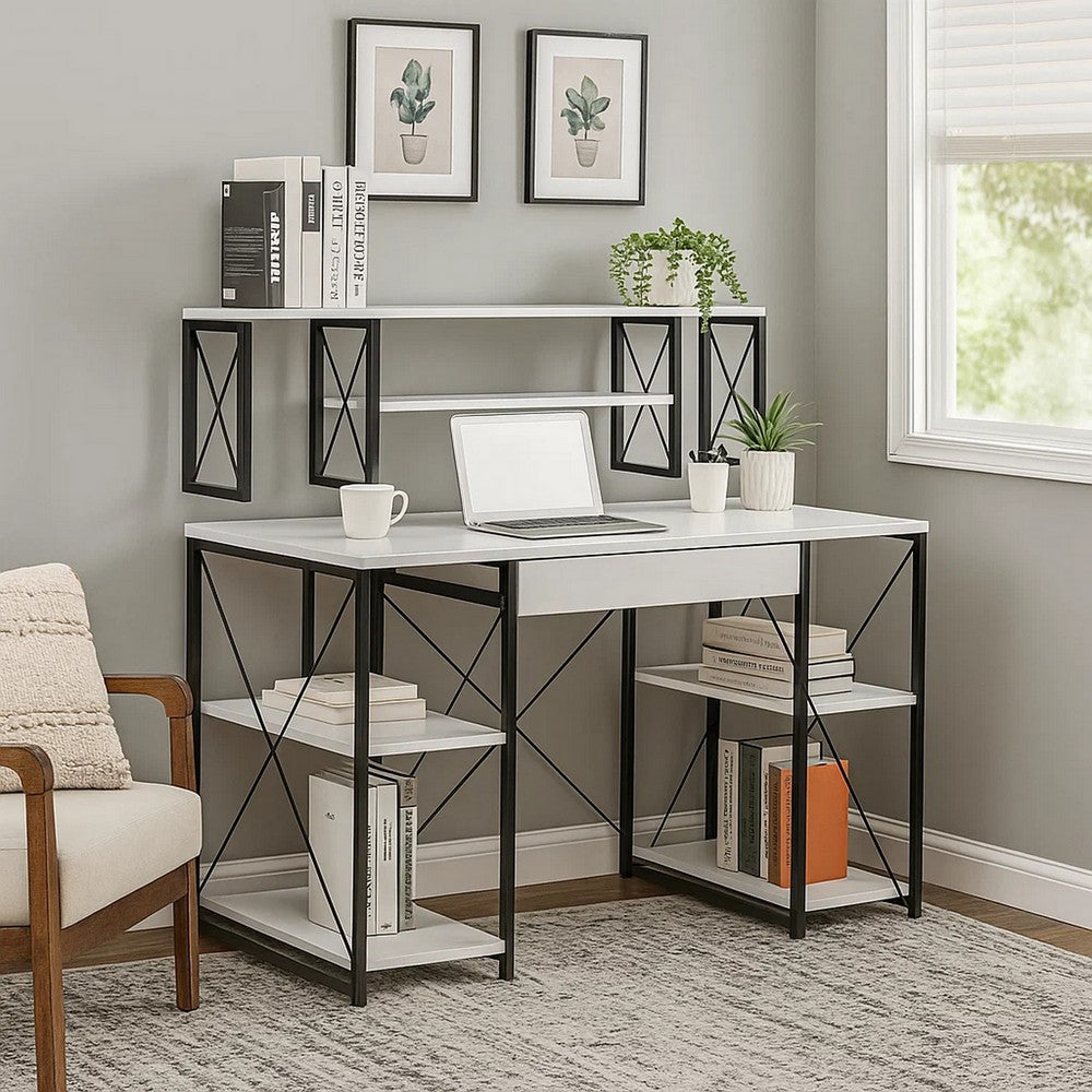 Industrial Style Desk with 4 Open Selves and Bookcase Hutch, White