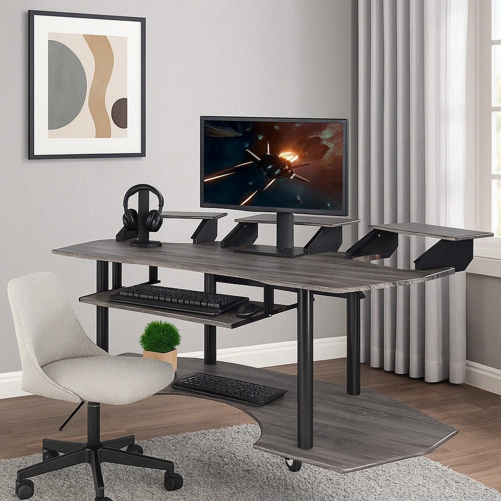 Wooden Computer Desk with Keyboard Tray and Open Bottom Shelf, Gray