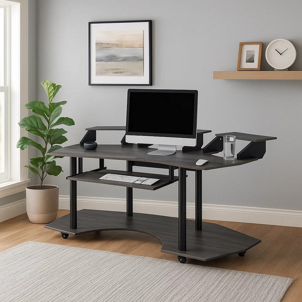 Wooden Computer Desk with Keyboard Tray and Open Bottom Shelf, Gray