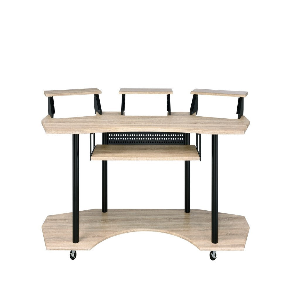 Wooden Computer Desk with Keyboard Tray and Open Bottom Shelf Brown