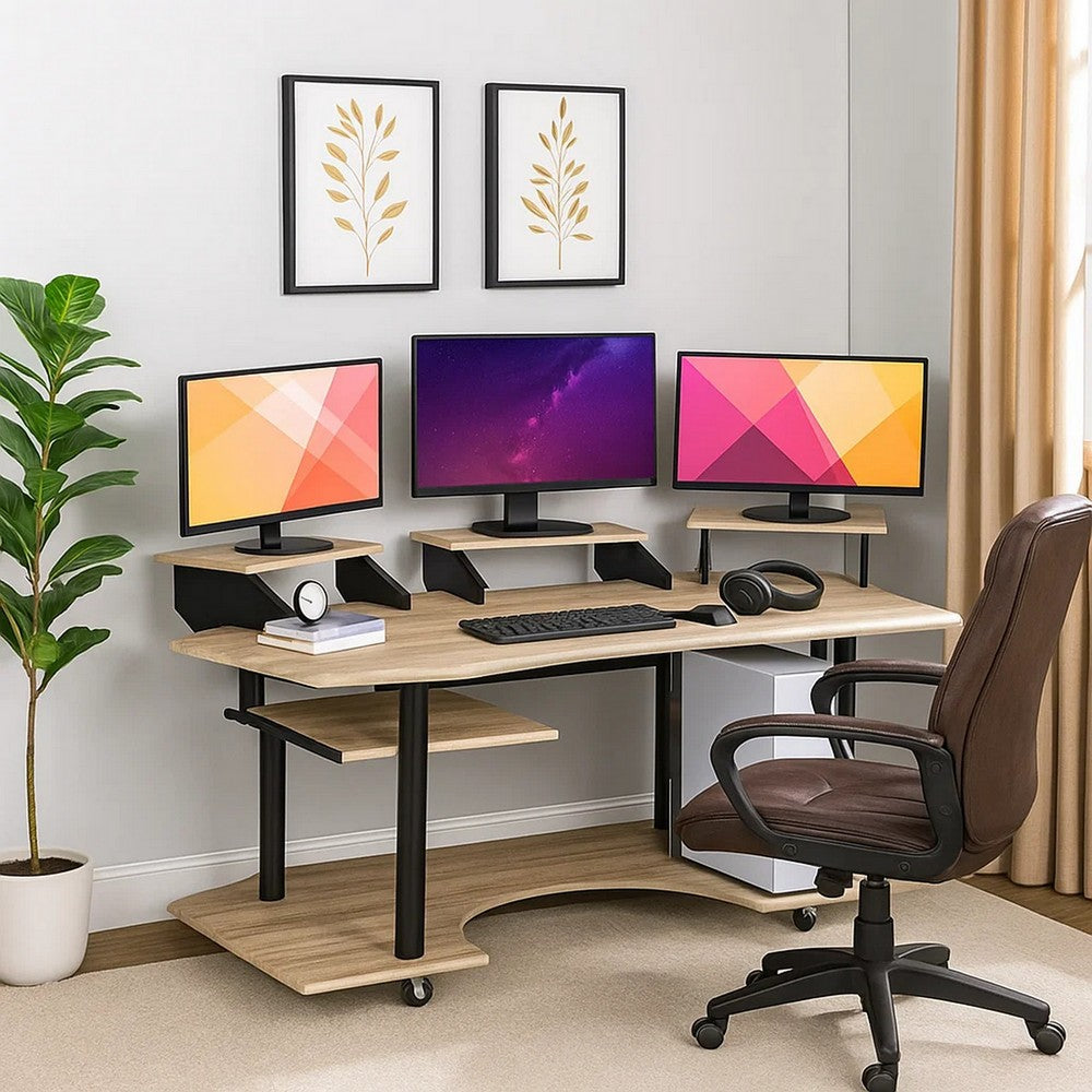 Wooden Computer Desk with Keyboard Tray and Open Bottom Shelf, Brown