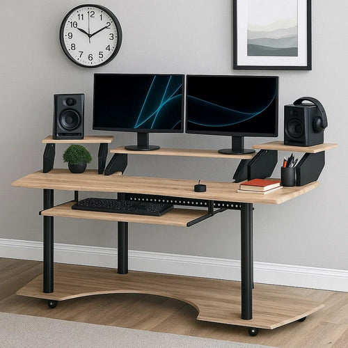 Wooden Computer Desk with Keyboard Tray and Open Bottom Shelf, Brown