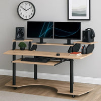 Wooden Computer Desk with Keyboard Tray and Open Bottom Shelf, Brown