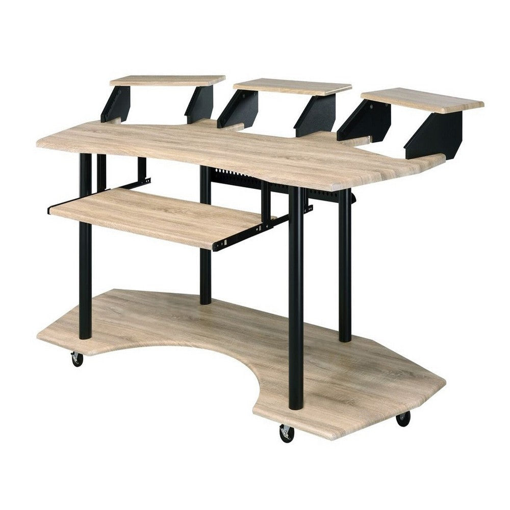 Wooden Computer Desk with Keyboard Tray and Open Bottom Shelf, Brown