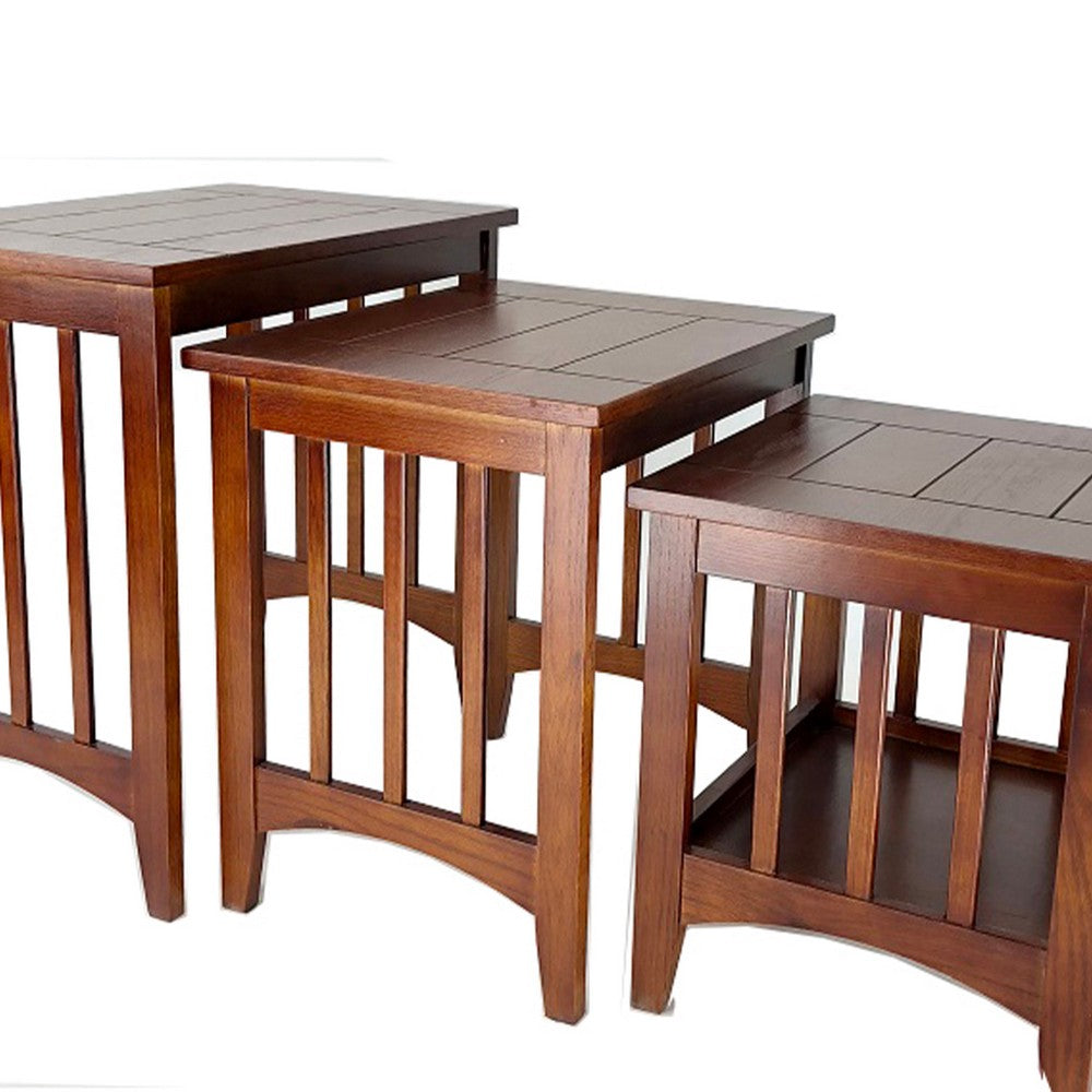 Nesting Table | 3 Piece Set | Plank Top | Slatted Sides | Oak Brown