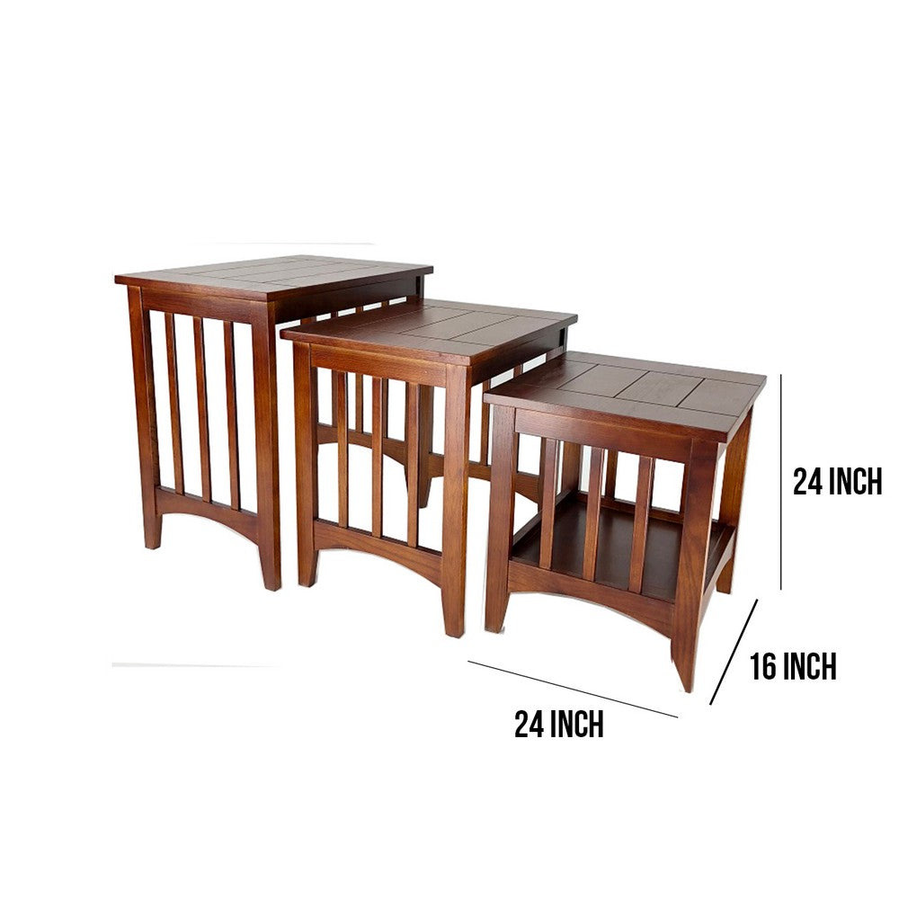 Nesting Table | 3 Piece Set | Plank Top | Slatted Sides | Oak Brown