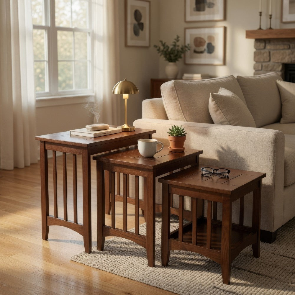 Nesting Table | 3 Piece Set | Plank Top | Slatted Sides | Oak Brown