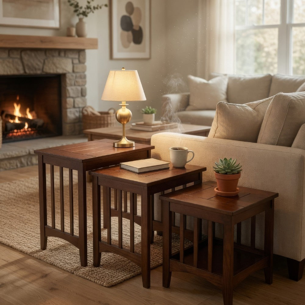 Nesting Table | 3 Piece Set | Plank Top | Slatted Sides | Oak Brown