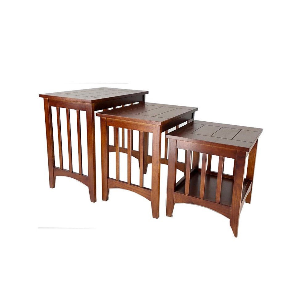 Nesting Table | 3 Piece Set | Plank Top | Slatted Sides | Oak Brown