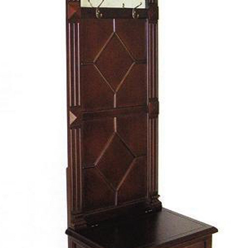 Molded Wooden Frame Hall Tree with Lift Top Box and Mirror Insert Brown By Casagear Home BM210155