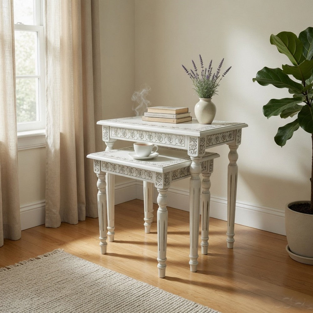 Nesting Table | Engraved Wood Frame | Set of 2 | Antique White