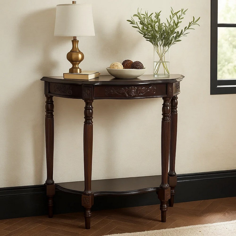 Console Table | Half Crescent | 1 Drawer | Engraved Wood | Brown
