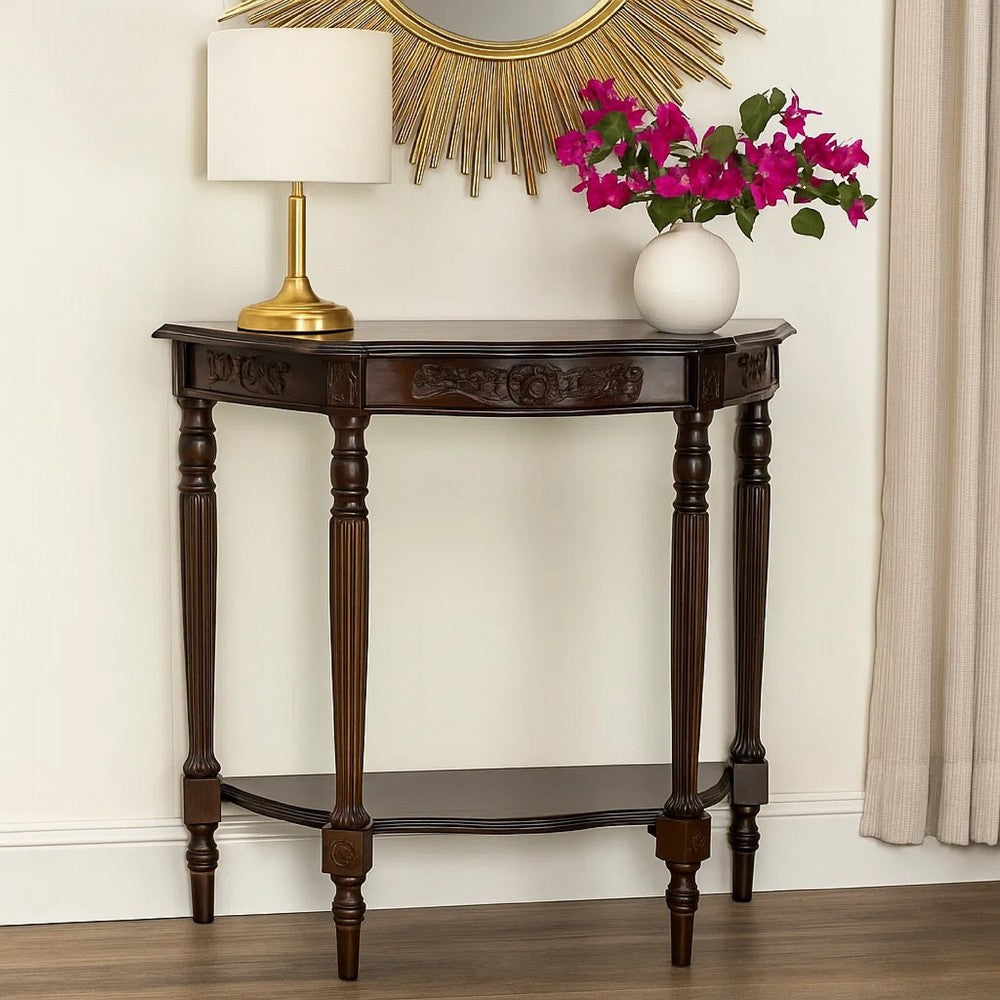 Console Table | Half Crescent | 1 Drawer | Engraved Wood | Brown