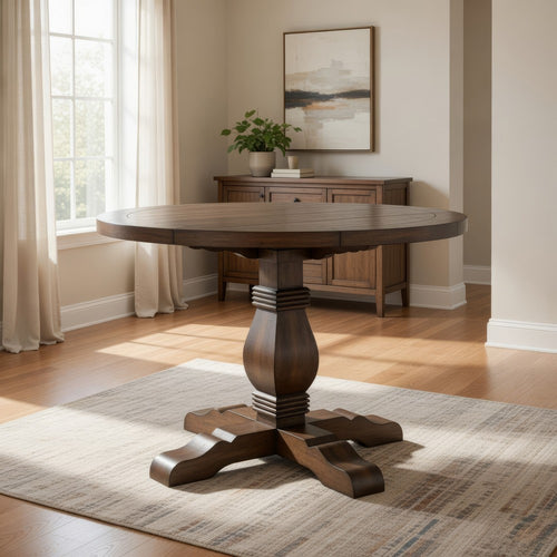Dining Table | Round | Reclaimed Wood | Trestle Base | Weathered Brown