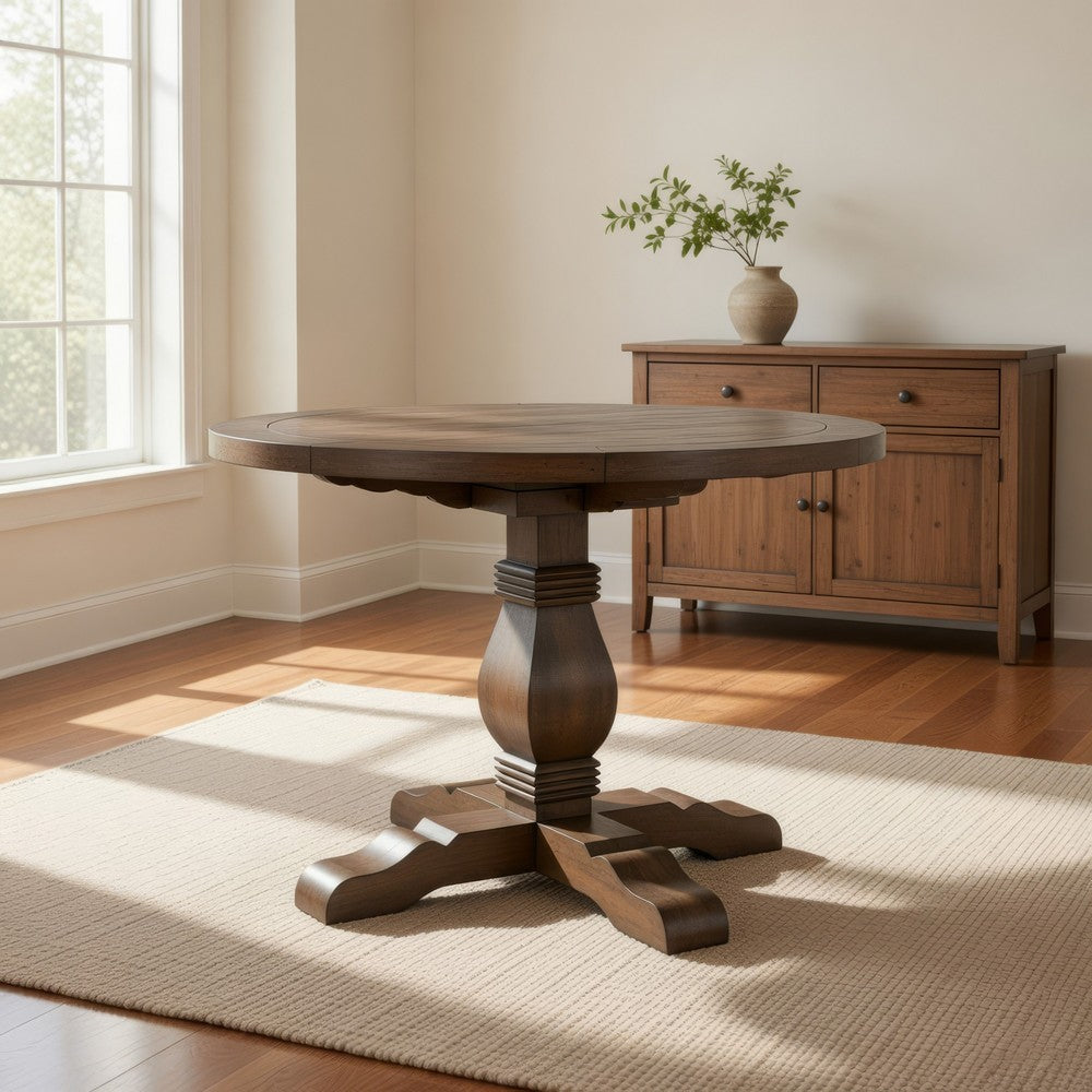 Dining Table | Round | Reclaimed Wood | Trestle Base | Weathered Brown