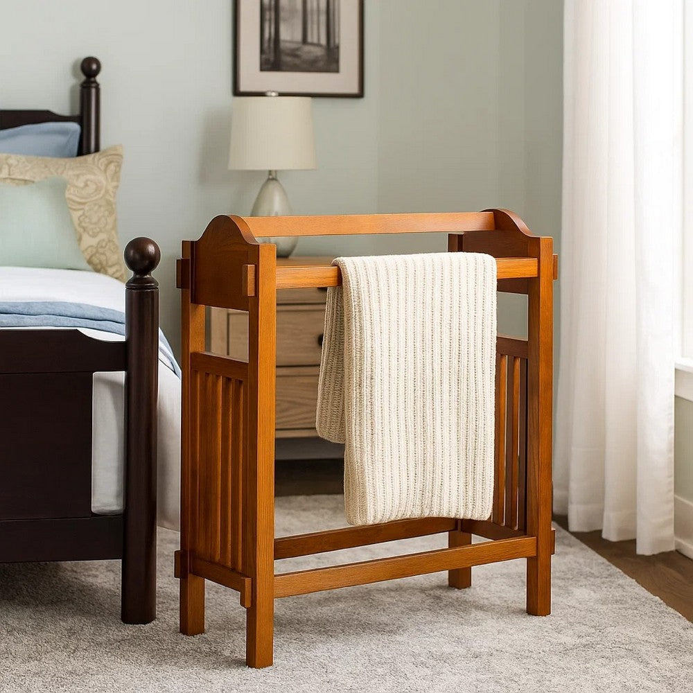 Quilt Rack | Mission Style | 3 Hanging Bars | Scrolled Top | Brown