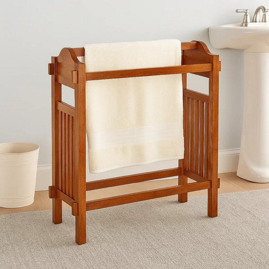 Quilt Rack | Mission Style | 3 Hanging Bars | Scrolled Top | Brown