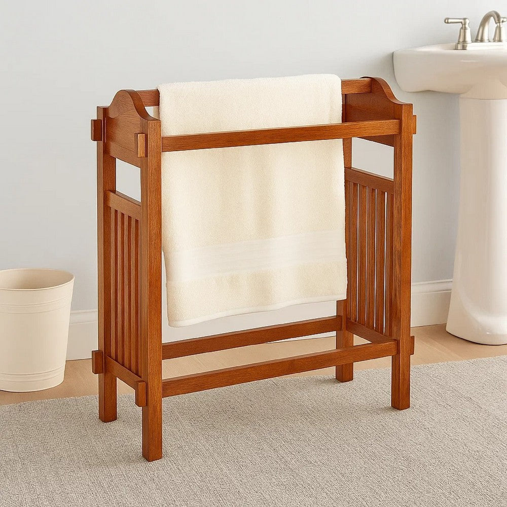 Quilt Rack | Mission Style | 3 Hanging Bars | Scrolled Top | Brown
