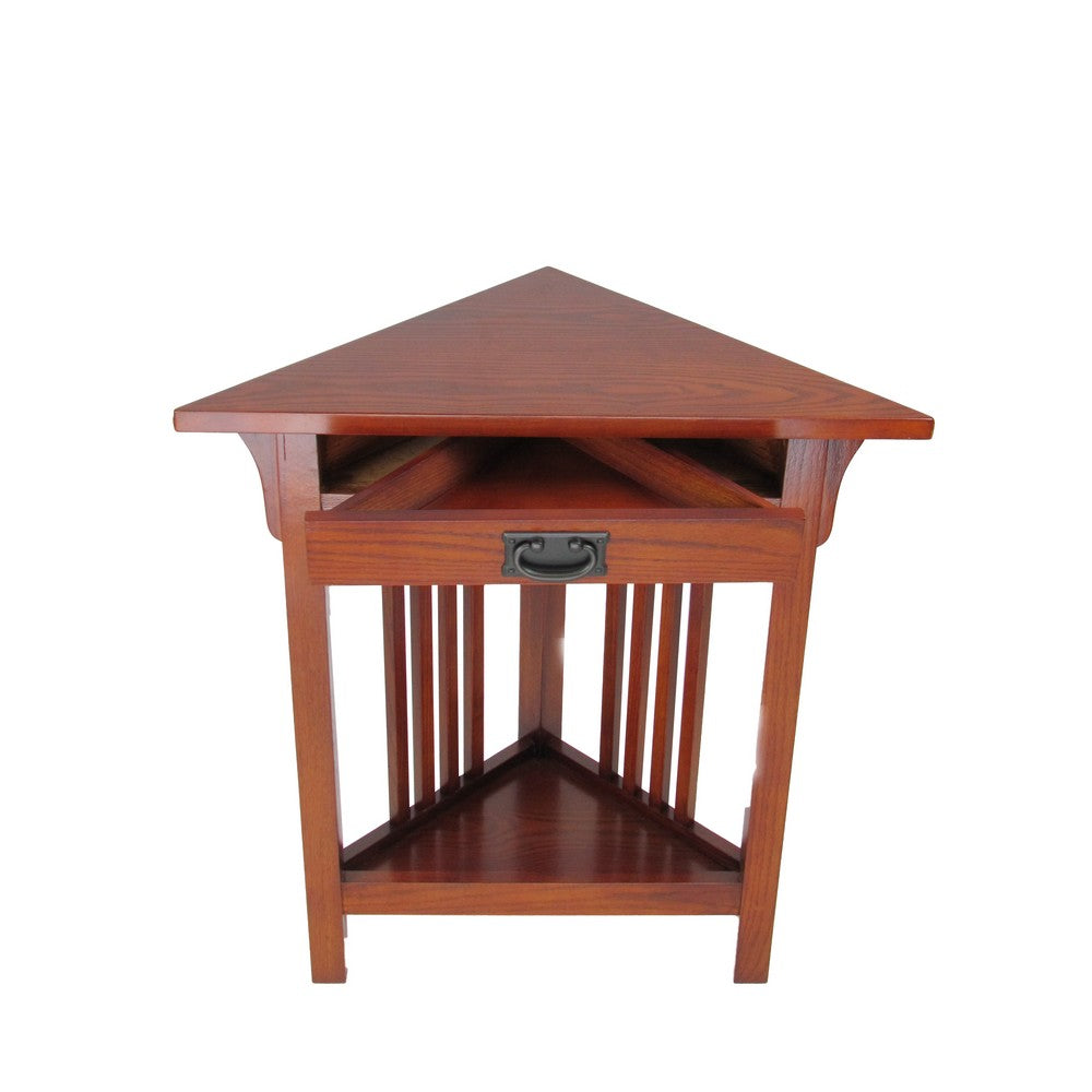 30" 1-Drawer Triangular Corner Table with Slatted Design, Brown By Casagear Home