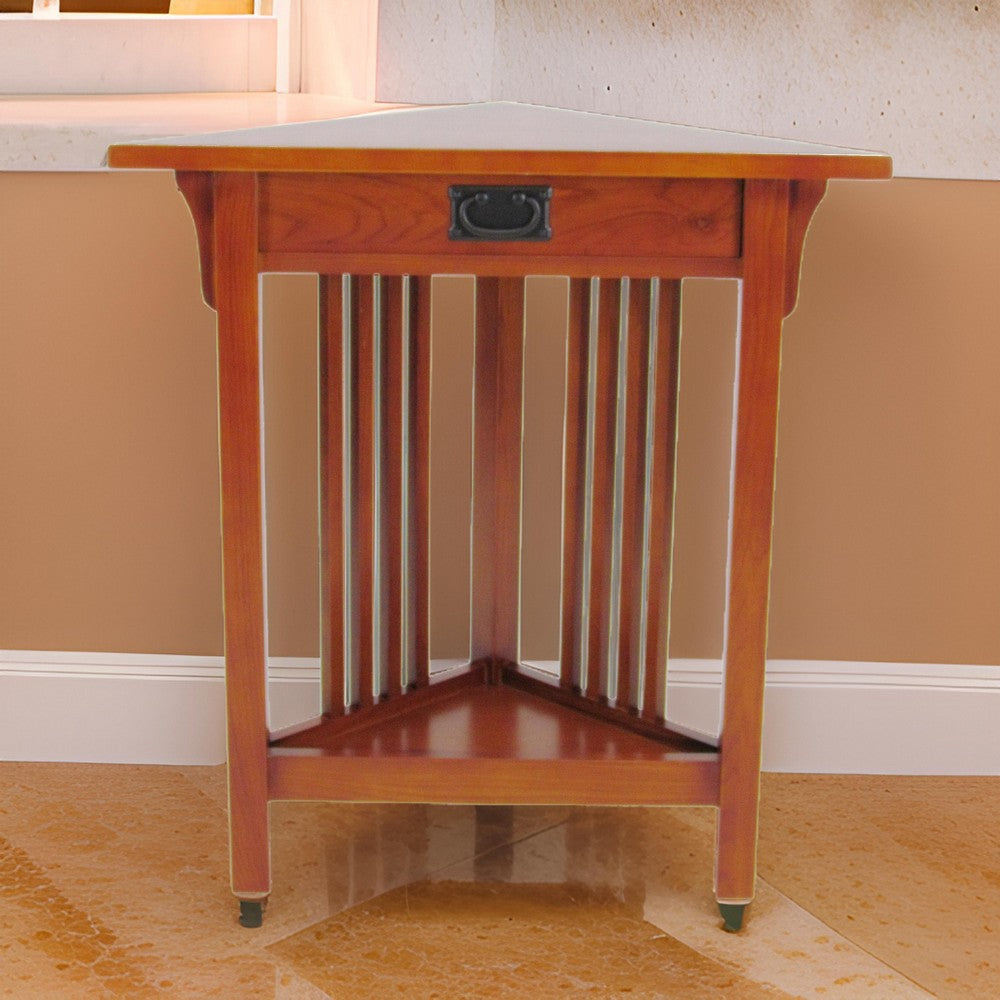 Corner Table | Mission Style | 1 Drawer | Bottom Shelf | Brown