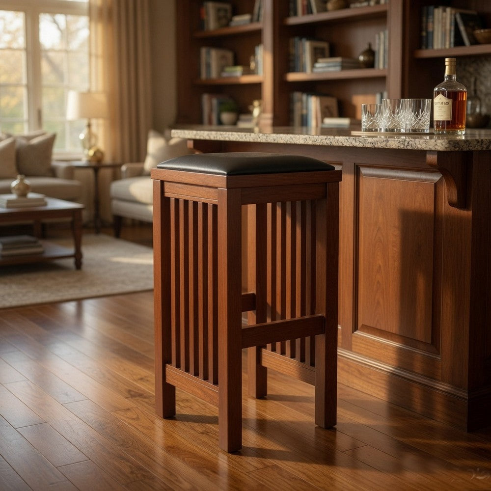 Barstool | Wood | Backless | Faux Leather Seat | Oak Brown