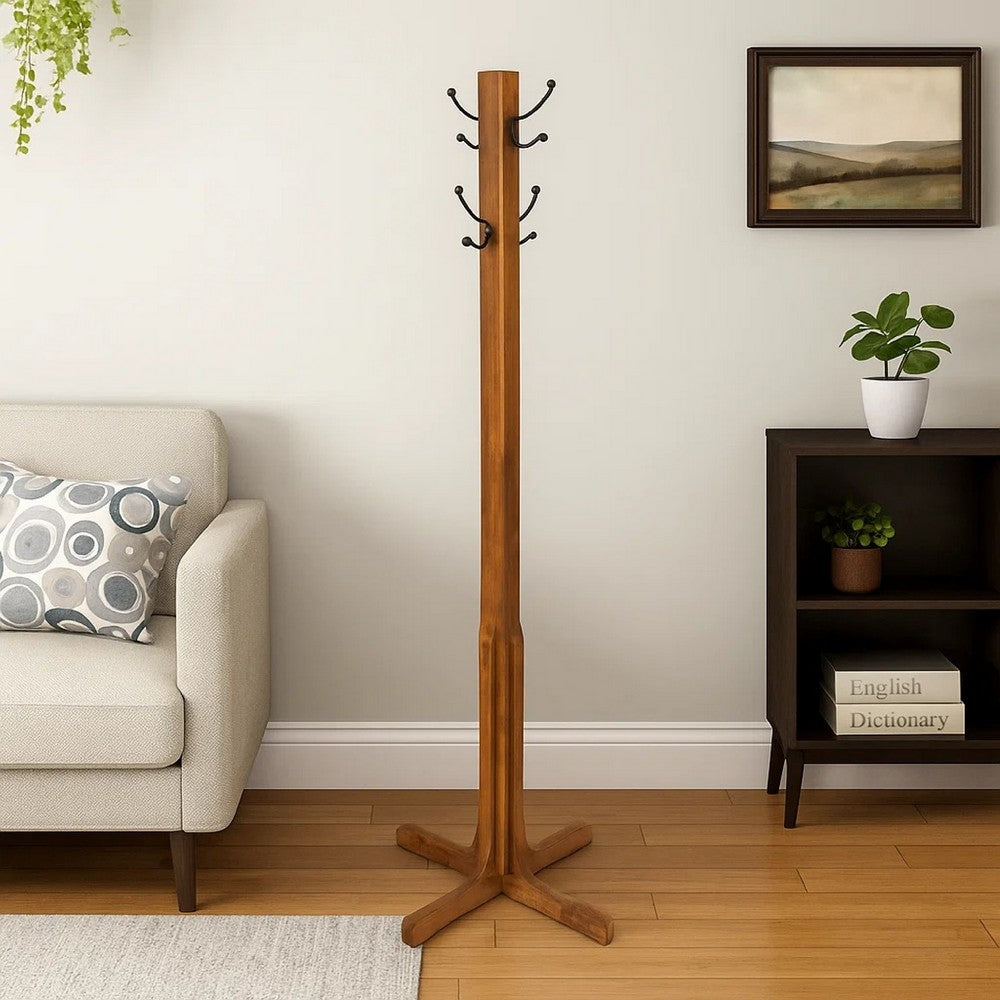 Coat Stand | X Frame Base | Metal Hooks | Oak Brown