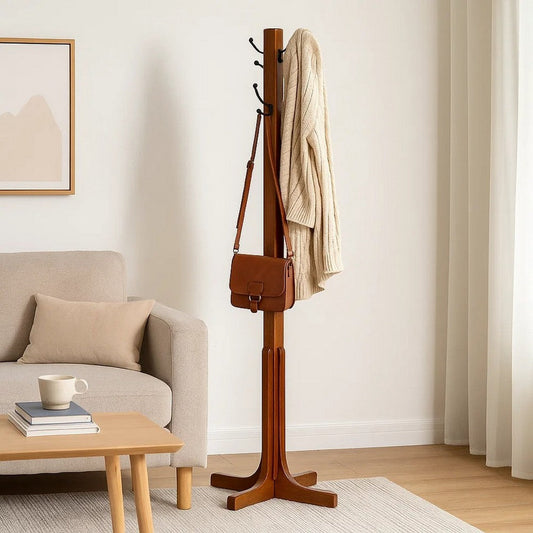 Coat Stand | X Frame Base | Metal Hooks | Oak Brown