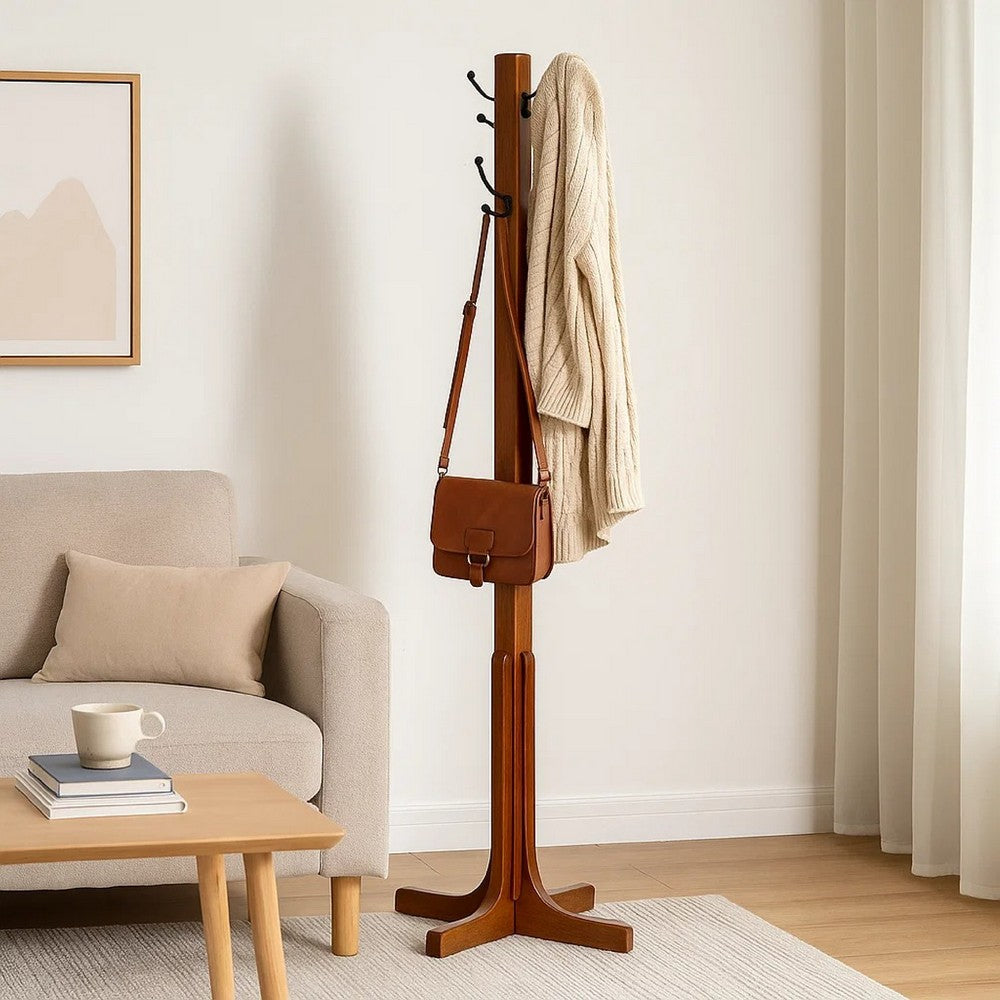 Coat Stand | X Frame Base | Metal Hooks | Oak Brown