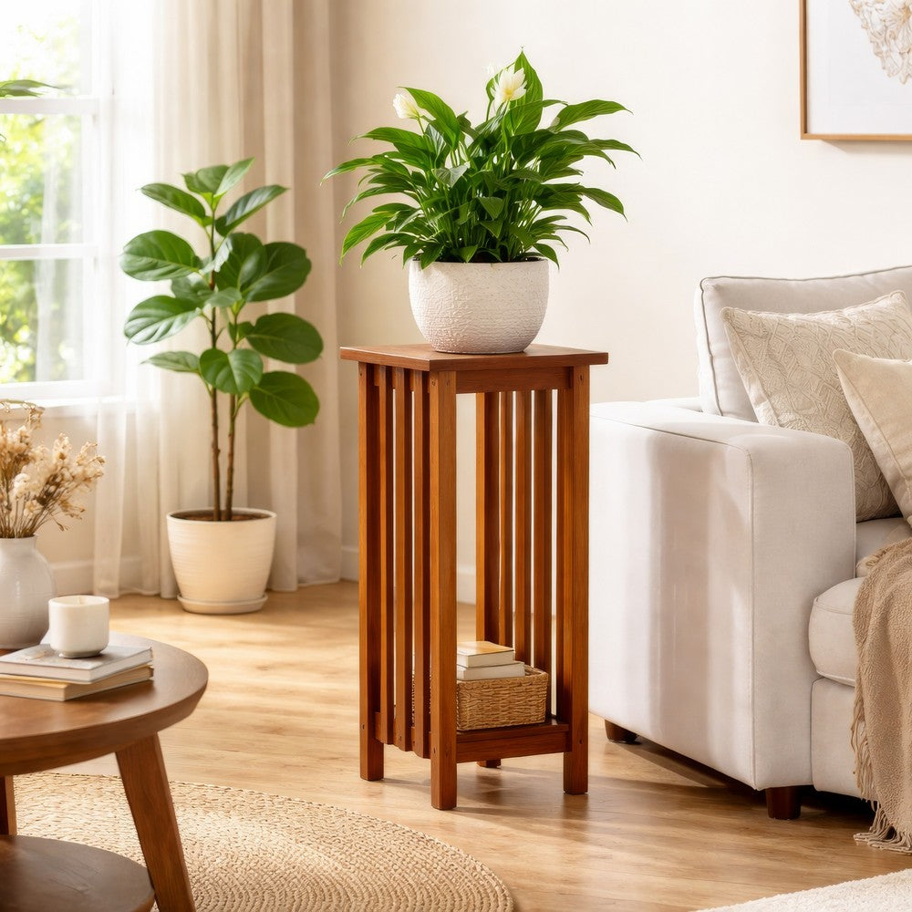 Flower Stand | Wood | 30" | Bottom Shelf | Slatted Sides | Brown