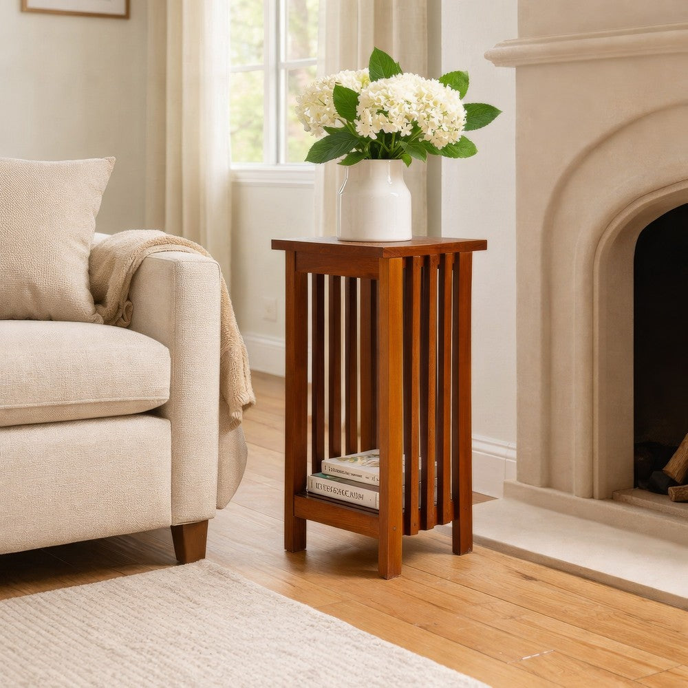 Flower Stand | Wood | 25" | Slatted Sides | Bottom Shelf | Brown