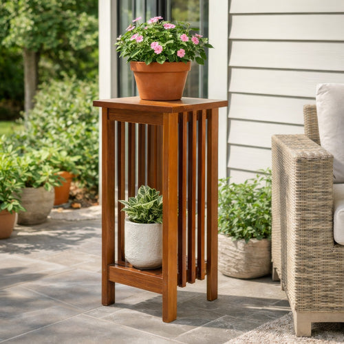 Flower Stand | Wood | 25" | Slatted Sides | Bottom Shelf | Brown